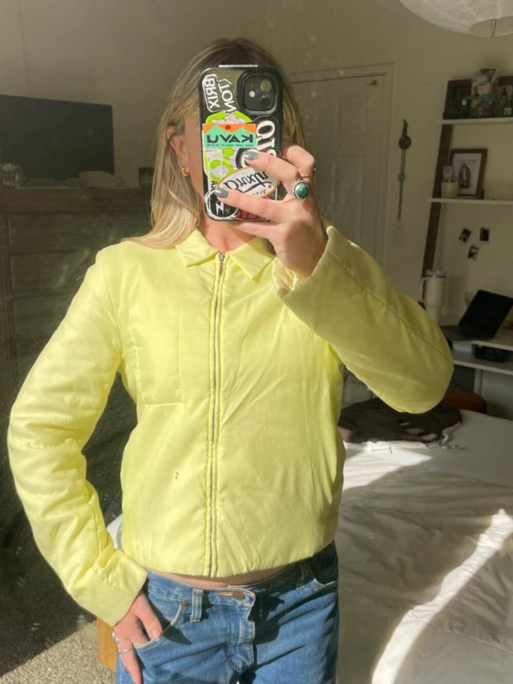 BCBG Max Azria vintage highlighter yellow zip up puffer jacket